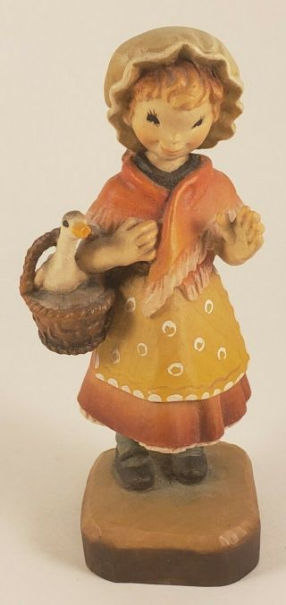 Vintage Anri Ferrandiz 4 1/2 " Wood Carved " Forever Yours " Girl Basket Figurine