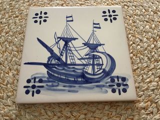 Viuva Lamego Ceramic Tile Nautical Hand Painted Blue And White Ship Boat