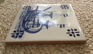 VIUVA LAMEGO Ceramic Tile Nautical Hand painted Blue And White Ship Boat 3