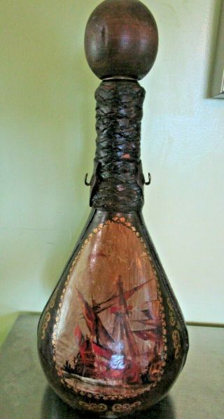 Vintage Leather Covered Bottle With Ships Wood Stopper