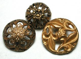 3 Antique Pierced Brass Button Pretty Designs 7/16 To 9/16 "