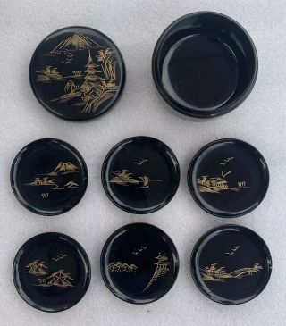 Vintage Japanese Black Lacquer Wooden Coasters Set Of Five Hand Painted