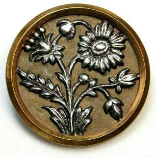 Antique Vtg Button Large Pewter Victorian Flowers In Tinted Brass K2