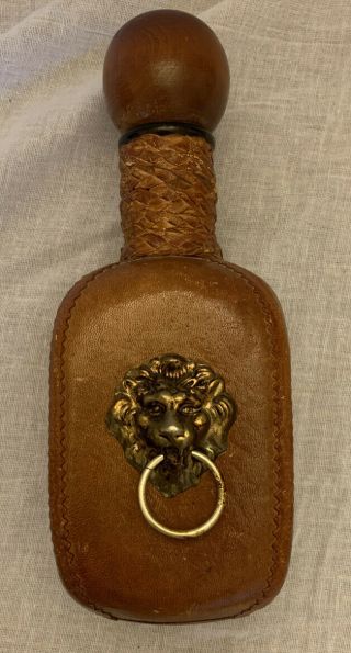 Leather Wrapped Covered Decanter Bottle Lion Head