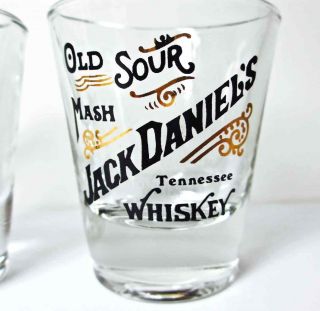 JACK DANIELS Shot Glasses •2• Whiskey OLD SOUR MASH Black & Gold Barware 2