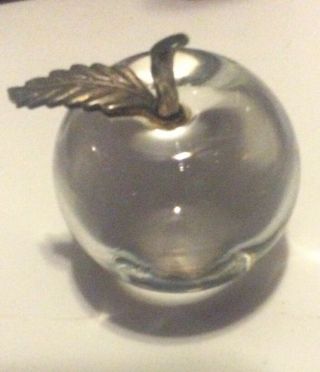 Vintage Clear Glass Apple Paperweight With Gold Metal Leaf