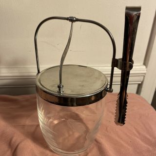 Vintage Etched Glass Ice Bucket With Hinged Lid And Tongs