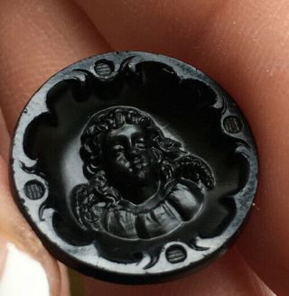 Vintage Victorian Black Glass Mourning Picture Button With Angel Figurative 7/8”