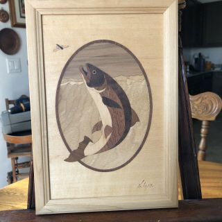 Hudson River Inlay Trout Marquetry Wood Art,  Nelson 9.  75 X 7”