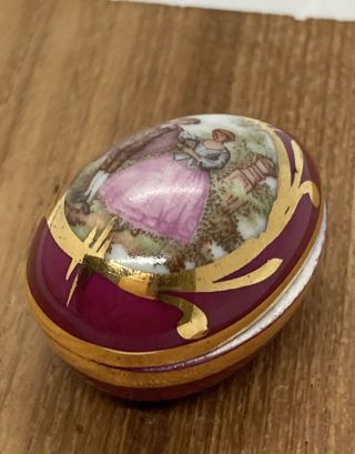 Miniature Egg Shaped Trinket Box Limoges France Victorian Couple 1.  5”x1”x1”