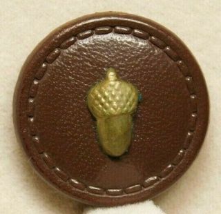 Antique Vtg Button Brass Acorn On Leather Pristine J3