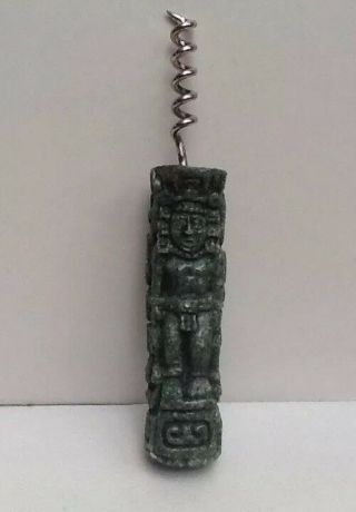 Vintage Mayan Aztec Totem Figure Corkscrew Jade Pebbles In Resin Barware Tiki
