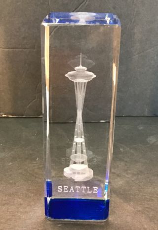 Seattle Space Needle 3 D Laser Etched Clear Glass Tower Paper Weight 6”