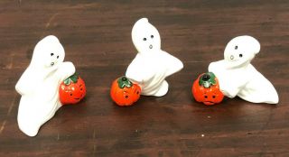 Vintage Set Of 3 Bone China Ghost Figurines Pumpkins