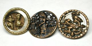 3 Antique Brass Buttons Various Pictorial Designs About 5/8 To 3/4 " 1890s
