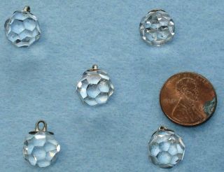5 Vintage Faceted Clear Glass Ball Buttons Matching Metal Loops Sparkles Pretty