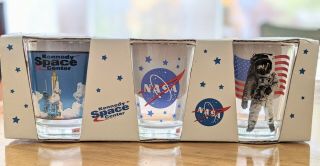 Kennedy Space Center Nasa 3 Shot Glass Set Space Shuttle Astronaut Nasa Logo