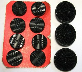 11 Antique Vintage Black Glass Buttons Set Of 8 Whistle,  One Set Of Three