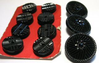 11 Antique Vintage Black Glass Buttons Set of 8 Whistle,  One Set of Three 2