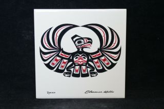 Ceramic Northwest Pacific " Raven " Art Tile By Native Haida Clarence Wells