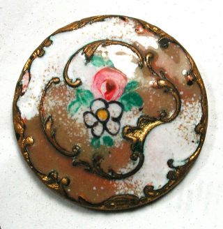 Antique Brass Button W Hand Painted French Enamel - Pretty 7/8 " 1890s