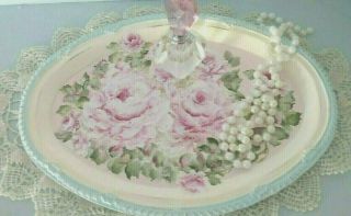 Victorian Pink Roses On Oval Tray Hp Shabby Cottage Vintage Chic Hand Painted