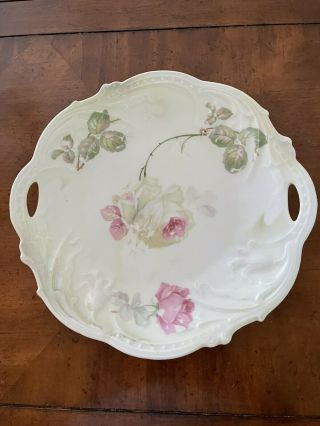 Vintage Decorative Cake Plate W/ Handles,  Painted Flowers,  Leaves & Raised Sides