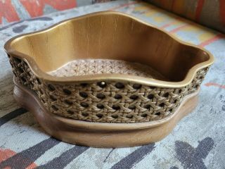 Vintage Ftd 1981 Brown & Gold Basket Weave Faux Wood / Rattan Resin Planter