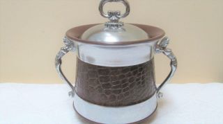 Vintage Mid Century Ice Bucket Faux Brown Leather Decorative Handles