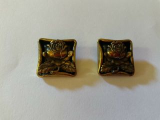 2 Vintage Square,  Gold,  Black Buttons,  Rose Relief In Center.  Shank.  3/4”.