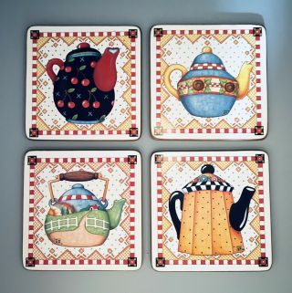 Set Of 4 Vintage Mary Engelbreit Teapot Coasters Cork Back 4” Square Eclectic