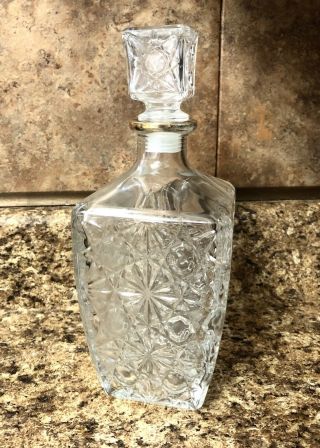 Vintage Clear Square Glass Liquor Decanter W/stopper Starburst Pattern
