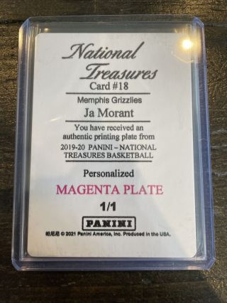 2020 - 21 National Treasures Rookie Patch Printing Plate Rc Ja Morant 1/1