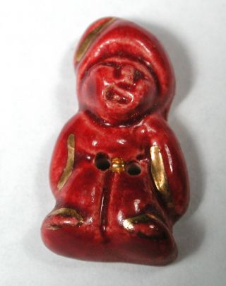 Vintage French Ceramic Button Red Gnome Realistic Design 1 "