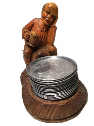 Vintage Anri Carved Wood Coaster Holder Man On Beer Barrel W/ 14 Metal Coasters