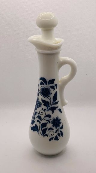 Vintage Empty Tall Avon White Milk Glass Decanter With Delft Blue Floral Design