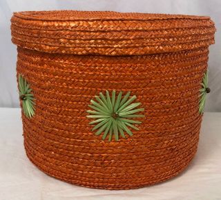 Woven Sea Grass Basket With Lid Orange Green Flowers Lined 10x8