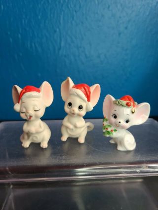 Set Of 3 Vintage Lefton Ceramic/porcelain Christmas Mice (made In Japan)