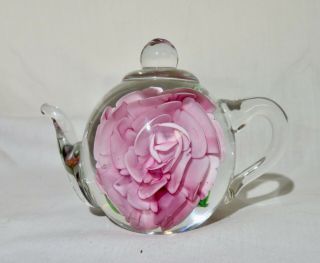Dynasty Gallery Hand Blown Art Glass Paperweight Tea Pot Flower 6128