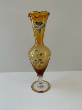 Vintage Venetian Art Glass Amber Bud Vase Hand Painted Flowers Gold Trim 8”