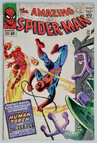 1965 Marvel Comics Book Spider - Man 21 Ditko Human Torch Beetle Apps