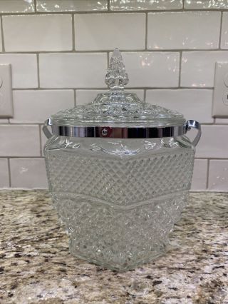 Vintage Diamond Cut Clear Glass Ice Bucket With Lid Mid Century Modern