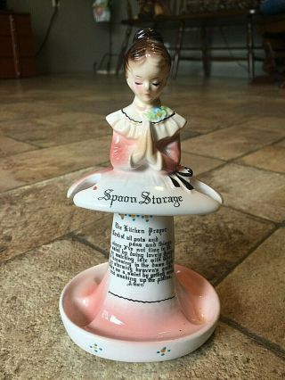 Vintage Enesco Kitchen Prayer Lady Pink Spoon Holder