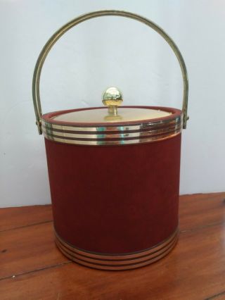 Vtg Kraftware Ice Bucket Faux Brown Leather Gold Hollywood Mid Century Modern