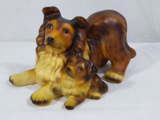 Vintage Collie Dog W/ Puppy Figurine Japan Ceramic Porcelain 4 " X 7 "