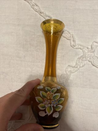 Bohemian Czech? Vase Hand Painted With Gold Trim And Amber Glass,  7 3/4 Inches