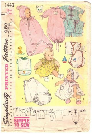 Simplicity Vintage 1443 Infants Layette Pattern,  Cut,  Complete