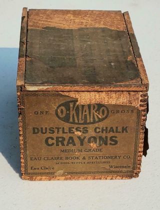 Antique O Klaro Crayons Chalk Wood Box Paper Label Eau Claire Wis.  Dovetail