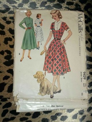 Vintage 1950s Mccalls 9429 Sewing Pattern Ladies Dress Circle Skirt Yoke Sz 15