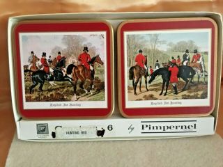 6 Vintage Pimpernel English Fox Hunting Coasters - Hunting Red - Celluware